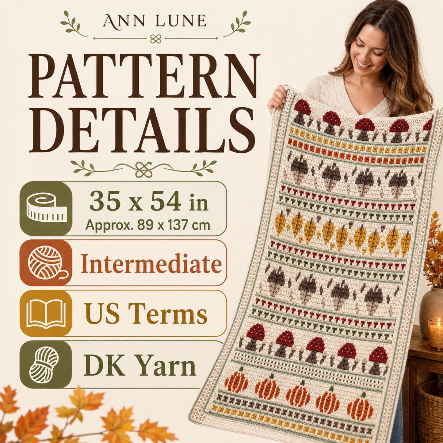 Fall Mosaic Crochet Blanket Pattern PDF, Pumpkin Mushroom Acorn Autumn Blanket, Overlay Mosaic Crochet Pattern