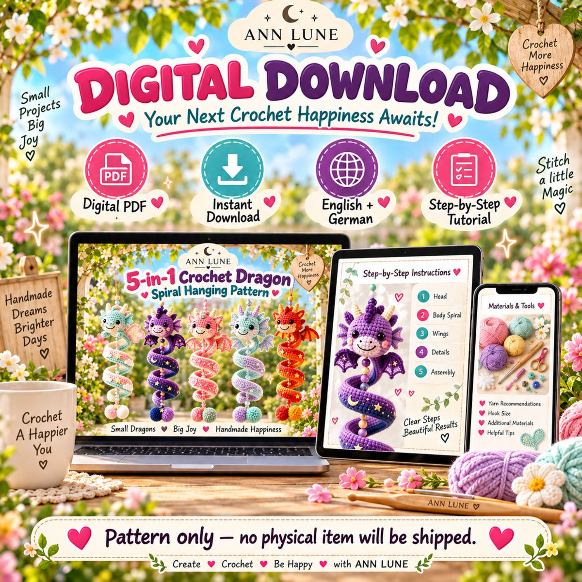 5-in-1 Crochet Dragon Spiral Hanging Pattern PDF – Dragon Ornament & Fantasy Decor Bundle
