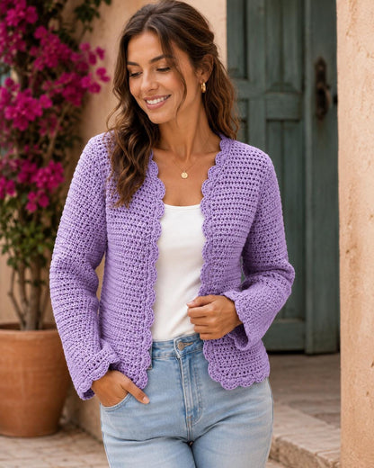 Scalloped Edge Crochet Cardigan Pattern PDF | Step-by-Step Beginner Sweater Tutorial | XS–3XL