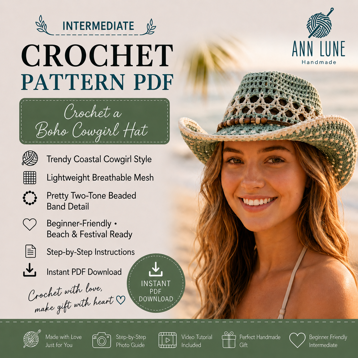 Crochet Cowboy Hat Pattern PDF, Mesh Western Summer Hat Tutorial, Boho Cowgirl Festival Hat, Digital Download