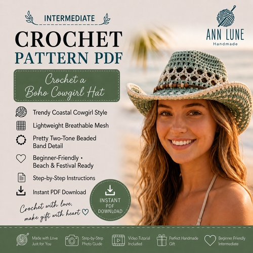 Crochet Cowboy Hat Pattern PDF, Mesh Western Summer Hat Tutorial, Boho Cowgirl Festival Hat, Digital Download