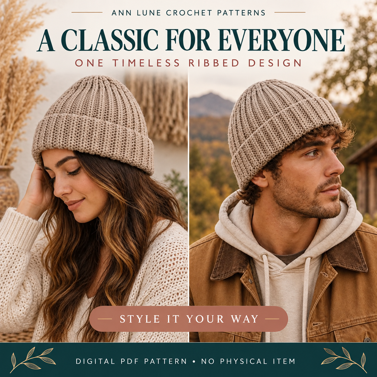 Crochet Beanie Pattern Beginner, Ribbed Hat Crochet Pattern PDF, Easy Winter Beanie DIY, Handmade Gift Crochet Hat, Stretchable Beanie