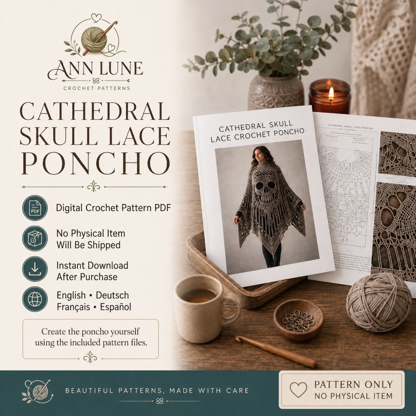 Skull Lace Poncho Crochet Pattern PDF, Gothic Cathedral Skull Poncho Pattern, Halloween Crochet Cape, 4 Languages Digital Download
