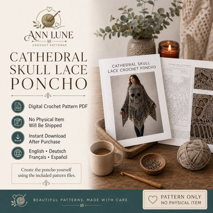 Skull Lace Poncho Crochet Pattern PDF, Gothic Cathedral Skull Poncho Pattern, Halloween Crochet Cape, 4 Languages Digital Download