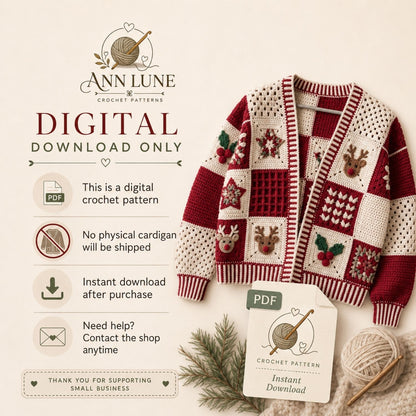 Christmas Patchwork Cardigan Crochet Pattern PDF, Holiday Granny Square Sweater Pattern, Reindeer & Holly Cardigan, Sizes XS–5XL