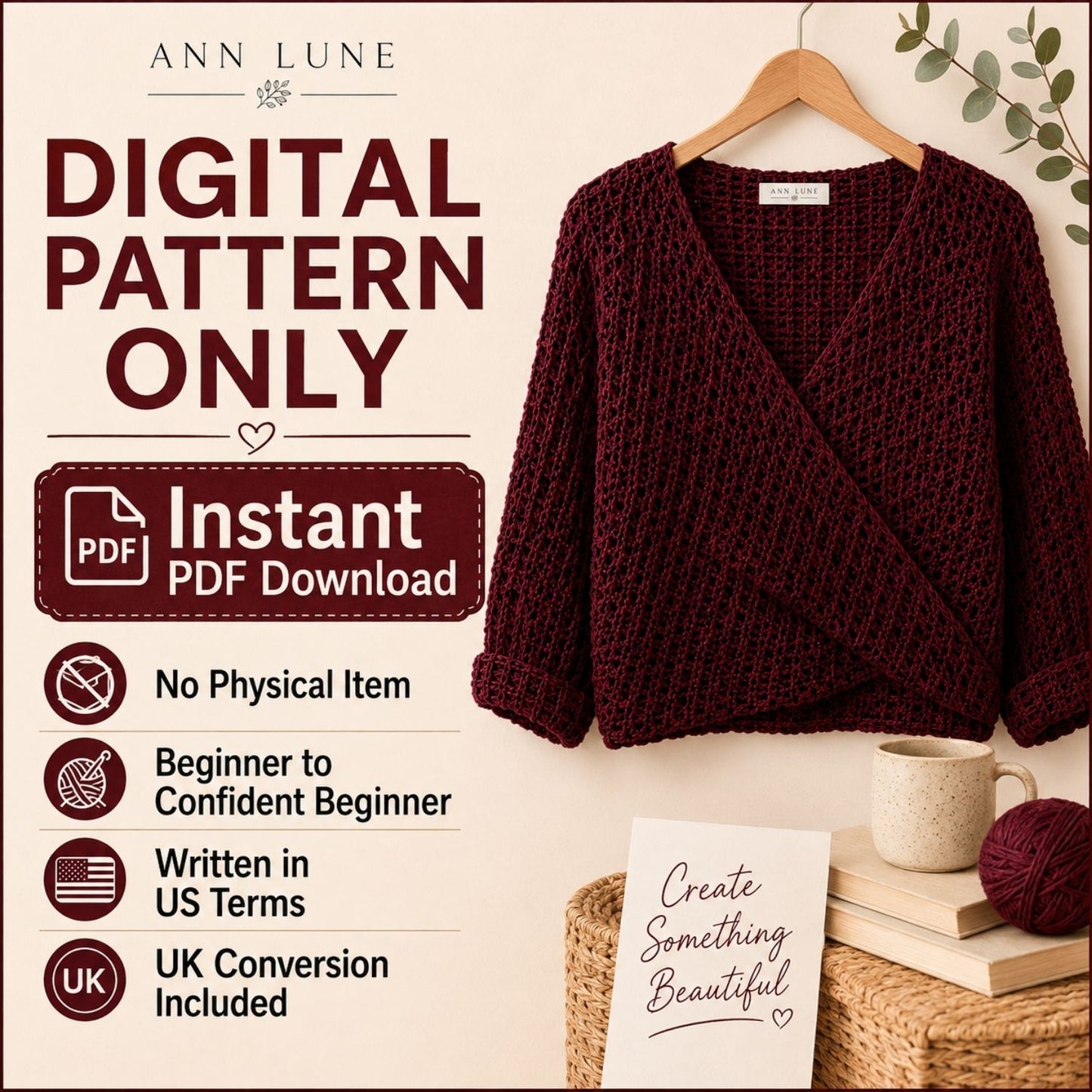 Knit-Look Wrap Sweater with Sleeves Crochet Pattern PDF, Easy Boho Sweater Shrug, Cozy Winter Wrap for Women