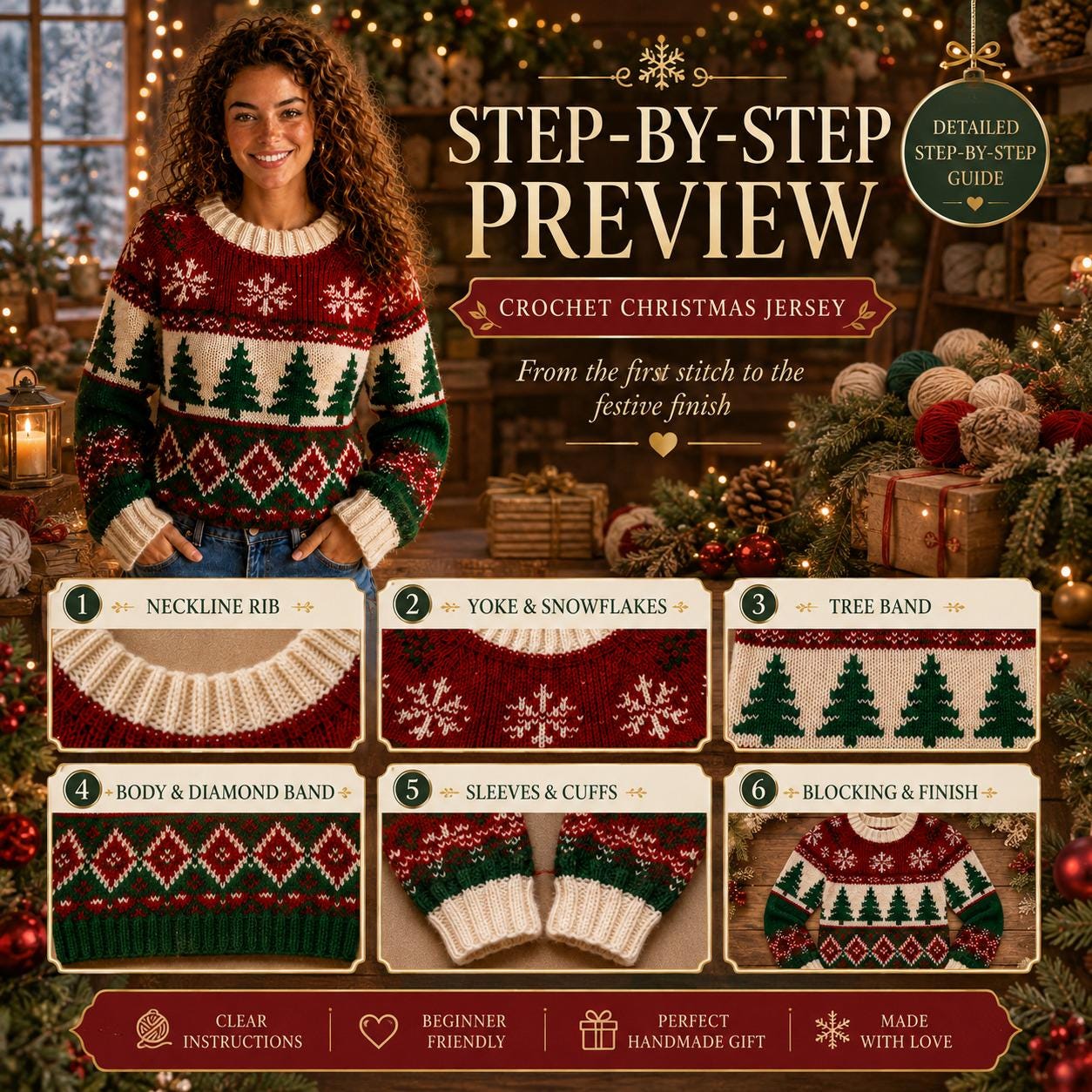 Nordic Christmas Crochet Sweater Pattern PDF – Step-by-Step Holiday Jumper Pattern, Christmas Colorwork Sweater, XS–2XL