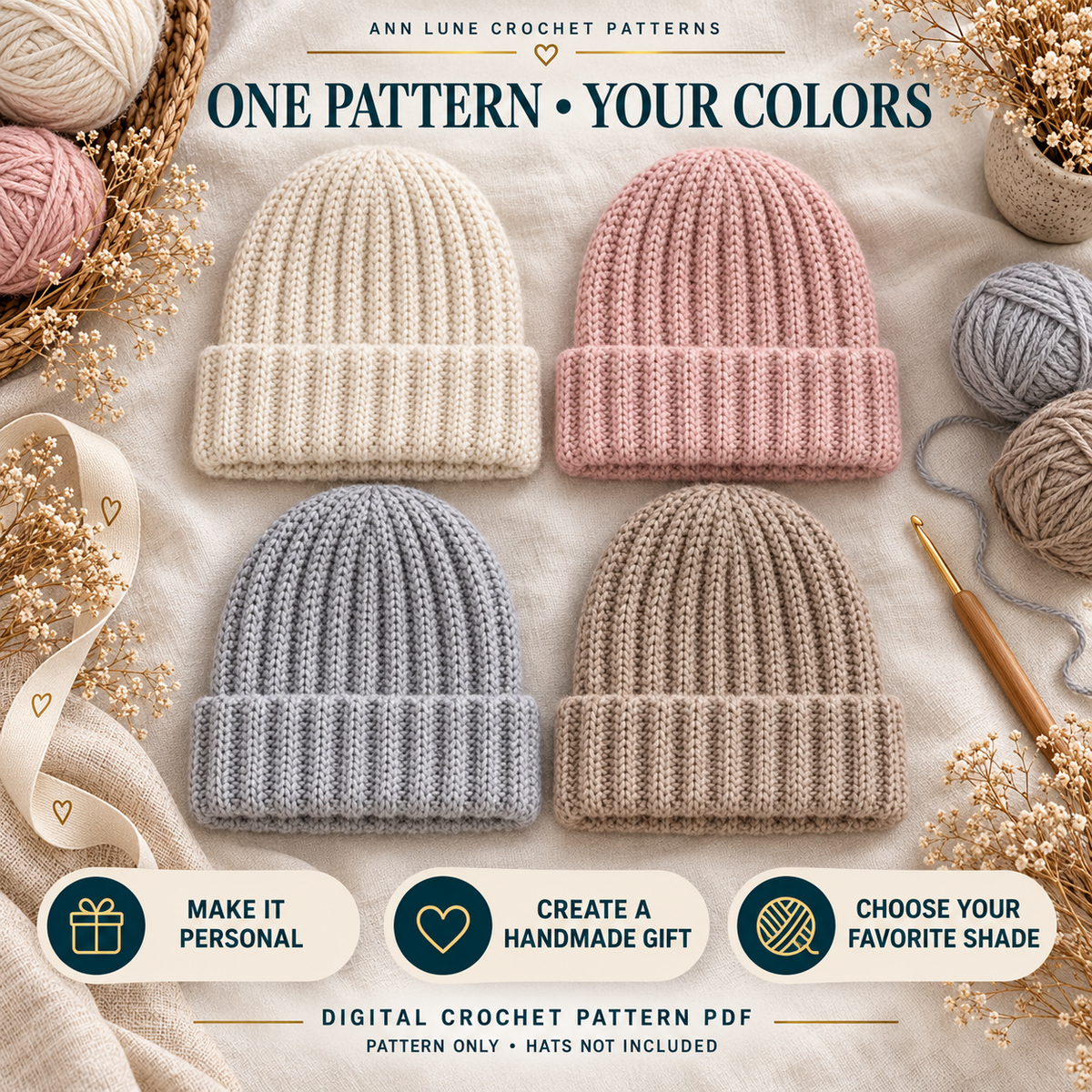Crochet Beanie Pattern Beginner, Ribbed Hat Crochet Pattern PDF, Easy Winter Beanie DIY, Handmade Gift Crochet Hat, Stretchable Beanie