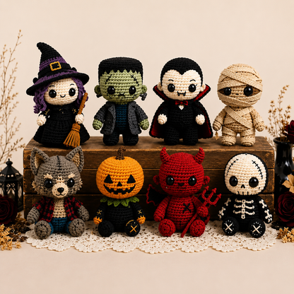 Halloween Crochet Pattern Bundle | 8 Amigurumi Dolls PDF | Witch, Frankenstein, Vampire, Mummy, Skeleton & More
