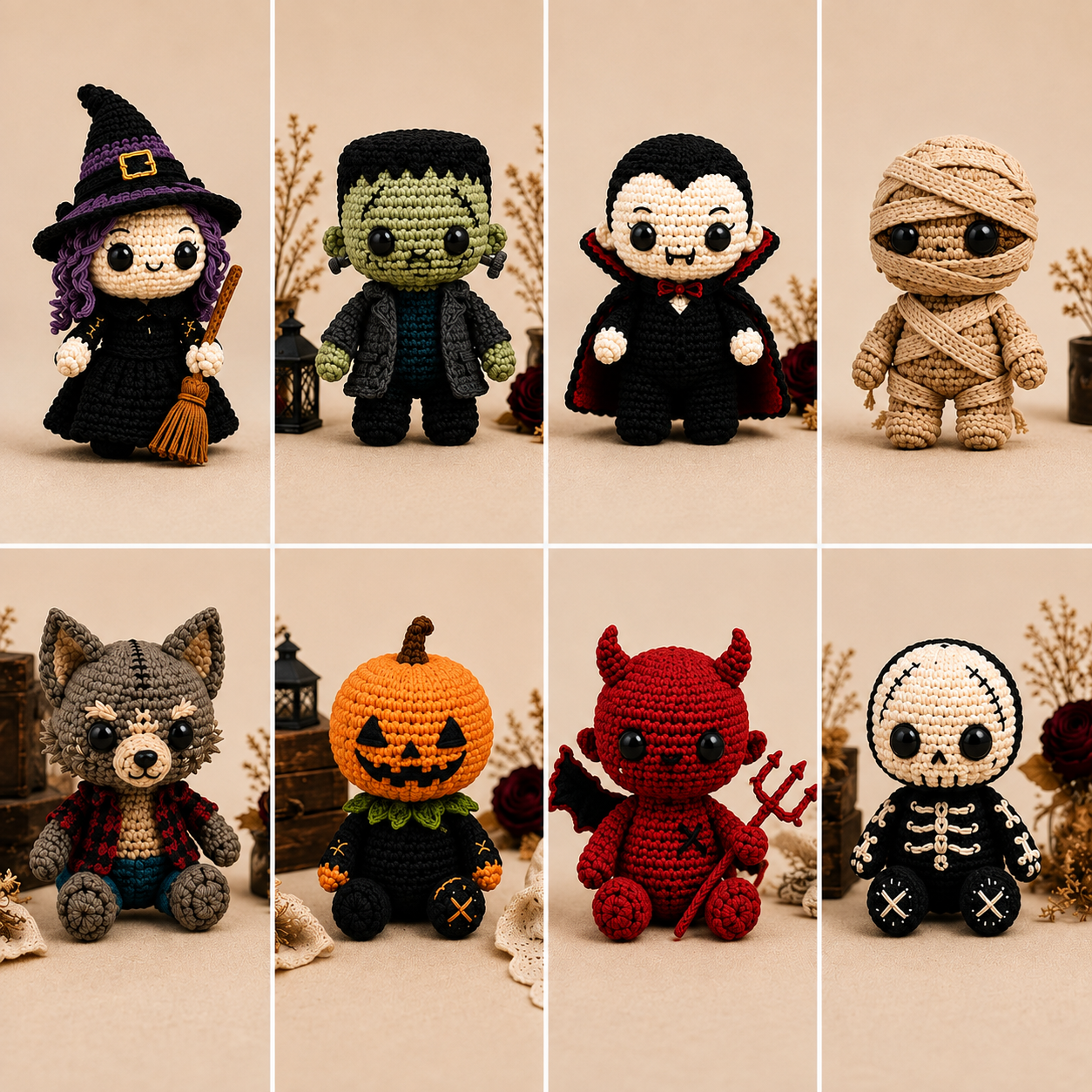 Halloween Crochet Pattern Bundle | 8 Amigurumi Dolls PDF | Witch, Frankenstein, Vampire, Mummy, Skeleton & More