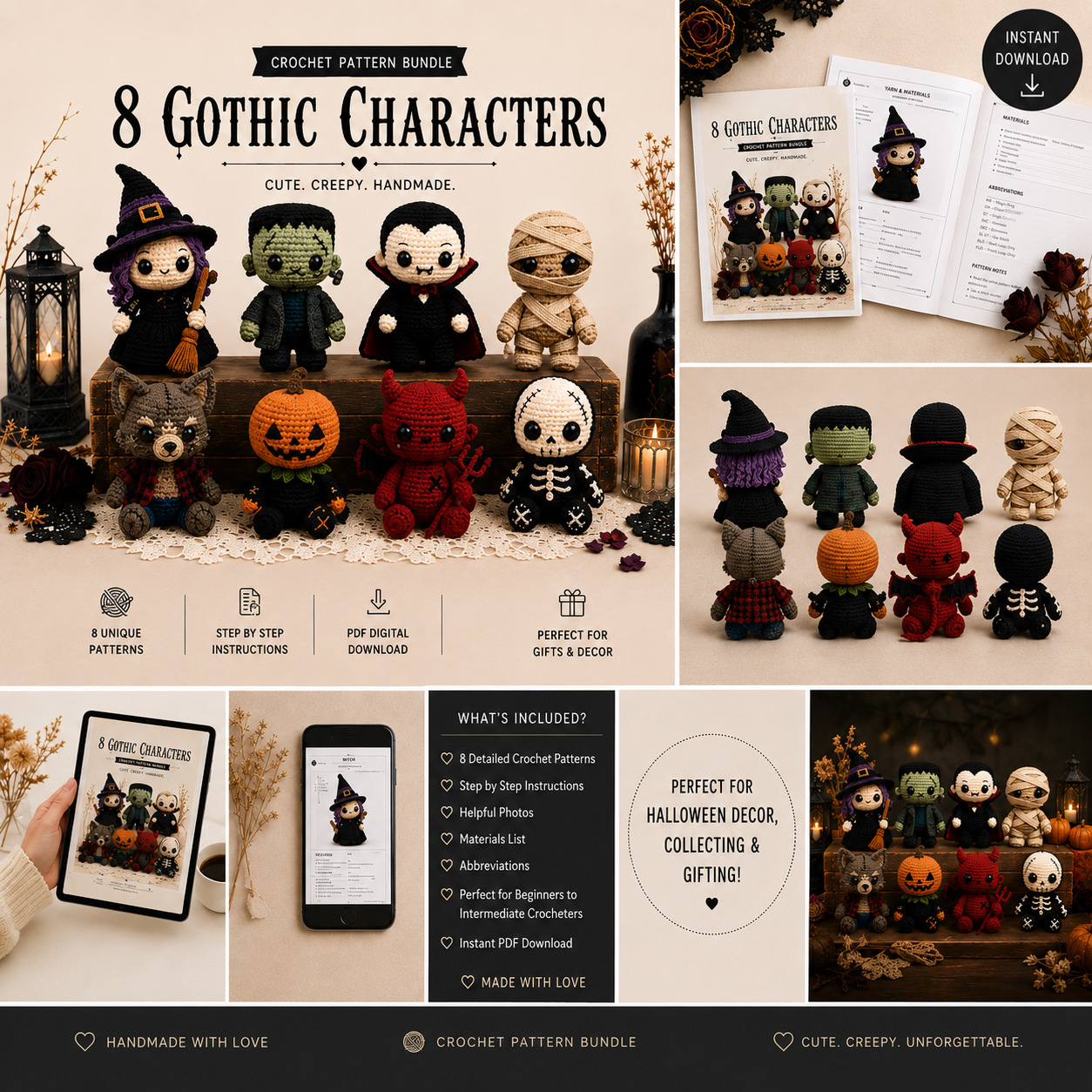 Halloween Crochet Pattern Bundle | 8 Amigurumi Dolls PDF | Witch, Frankenstein, Vampire, Mummy, Skeleton & More
