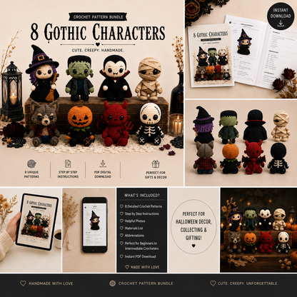 Halloween Crochet Pattern Bundle | 8 Amigurumi Dolls PDF | Witch, Frankenstein, Vampire, Mummy, Skeleton & More