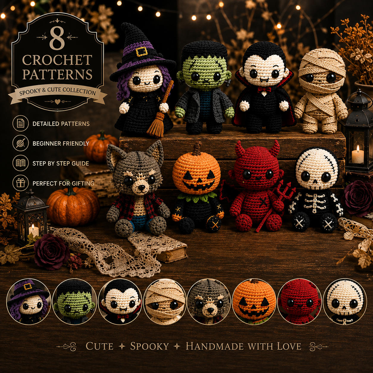 Halloween Crochet Pattern Bundle | 8 Amigurumi Dolls PDF | Witch, Frankenstein, Vampire, Mummy, Skeleton & More