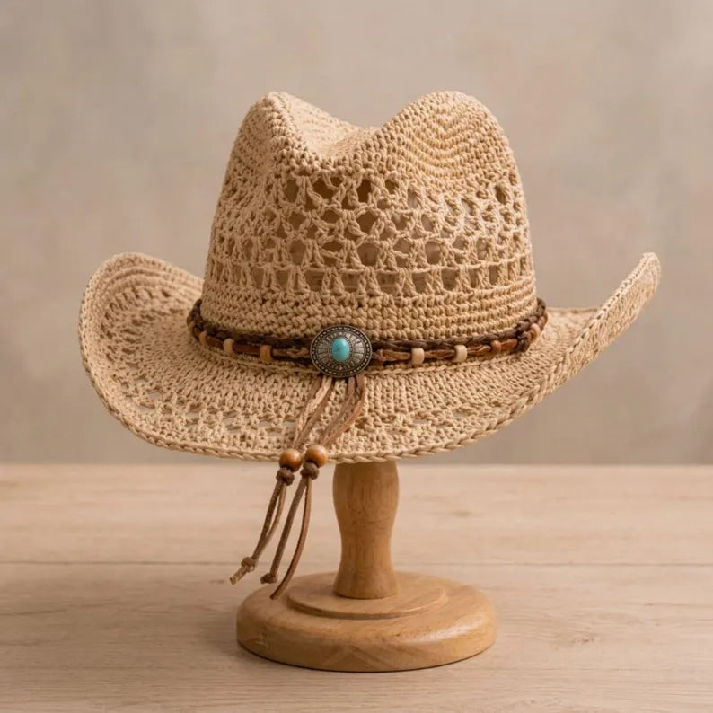 Crochet Cowboy Hat Pattern PDF, Mesh Western Summer Hat Tutorial, Boho Cowgirl Festival Hat, Digital Download