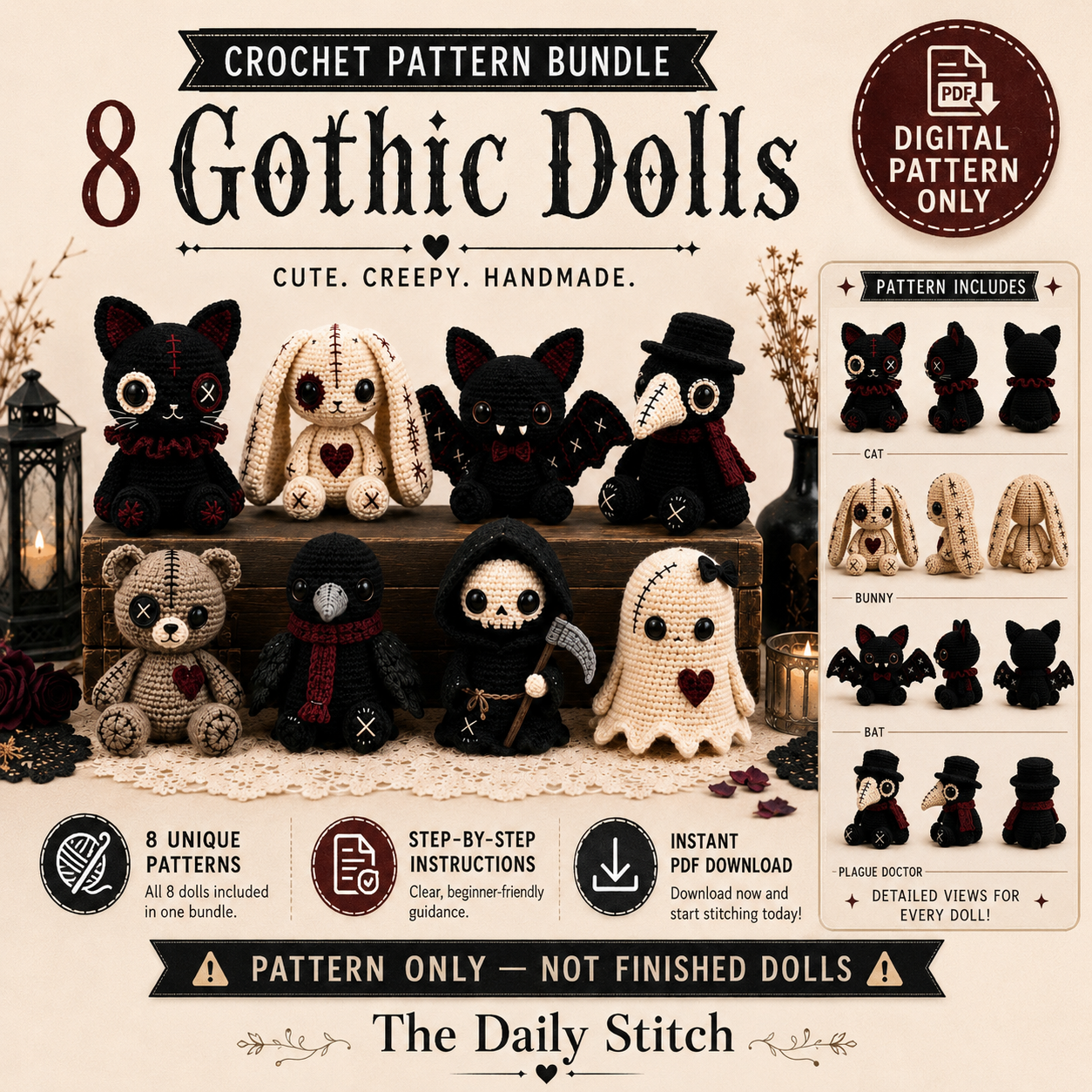 Gothic Crochet Pattern Bundle PDF – 8 Spooky Amigurumi Dolls, Halloween Crochet Patterns, Instant Download-TDS