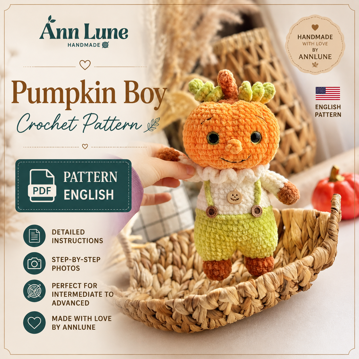 Crochet pattern pumpkin, a plush man pumpkin, cute Halloween decor in PDF In English, pumpkin crochet