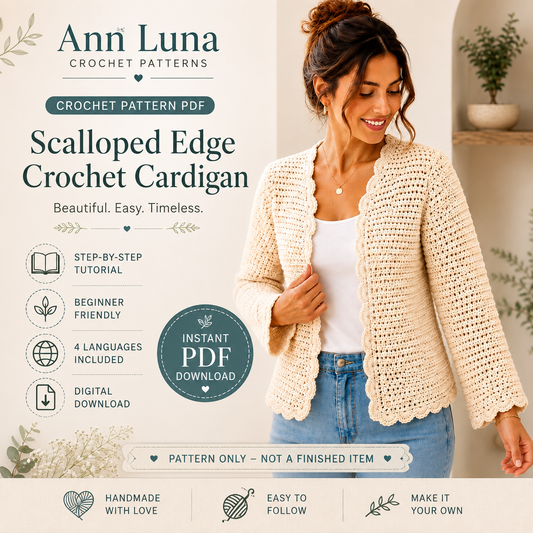 Scalloped Edge Crochet Cardigan Pattern PDF | Step-by-Step Beginner Sweater Tutorial | XS–3XL