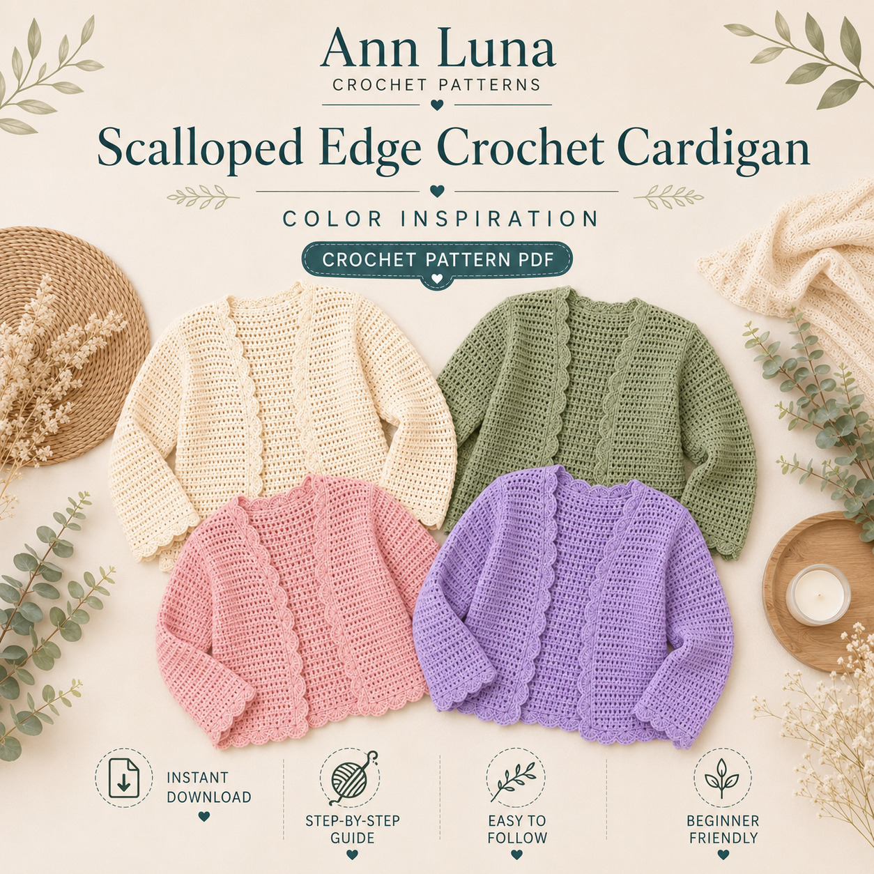 Scalloped Edge Crochet Cardigan Pattern PDF | Step-by-Step Beginner Sweater Tutorial | XS–3XL