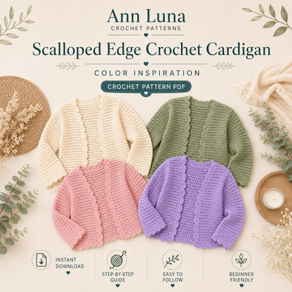 Scalloped Edge Crochet Cardigan Pattern PDF | Step-by-Step Beginner Sweater Tutorial | XS–3XL