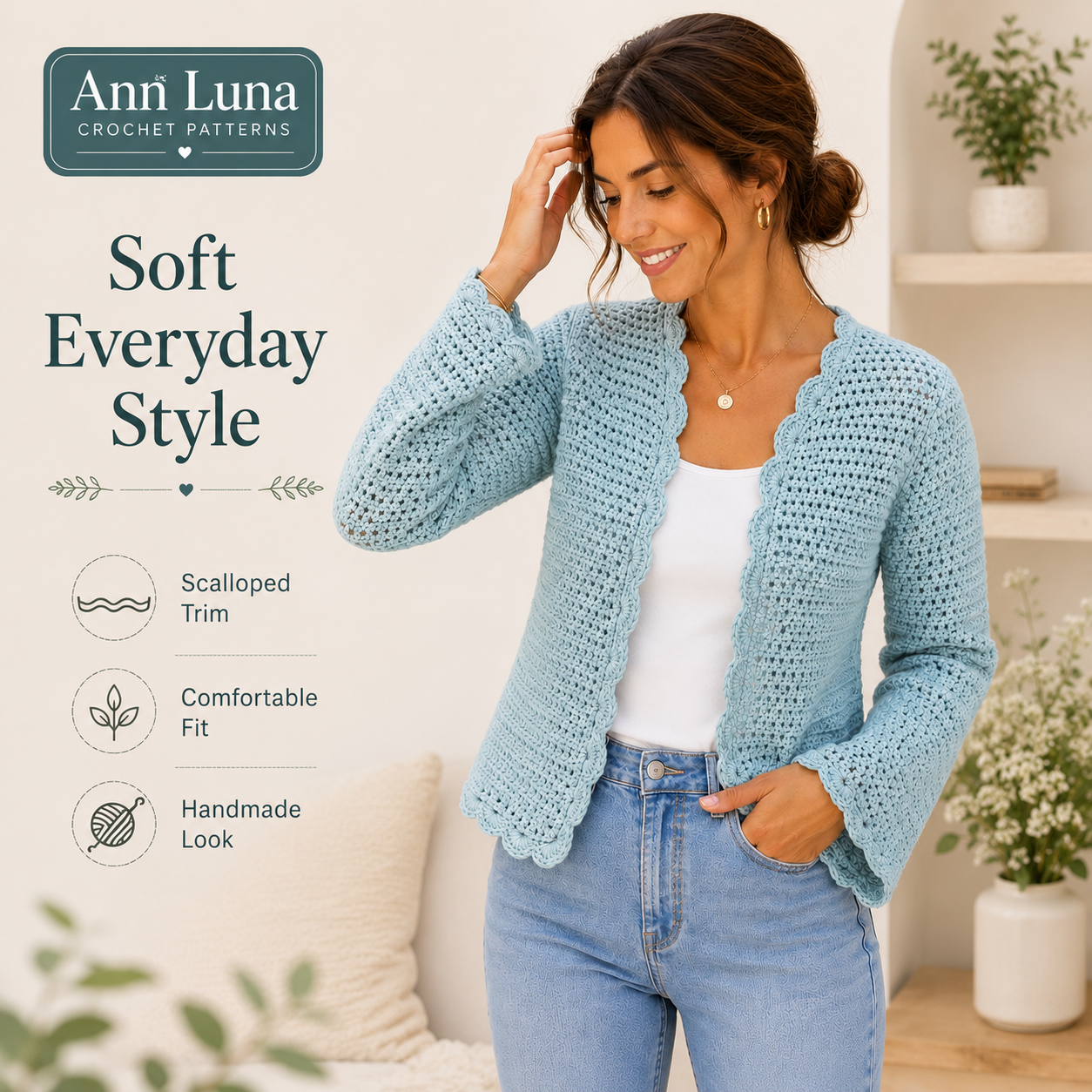 Scalloped Edge Crochet Cardigan Pattern PDF | Step-by-Step Beginner Sweater Tutorial | XS–3XL
