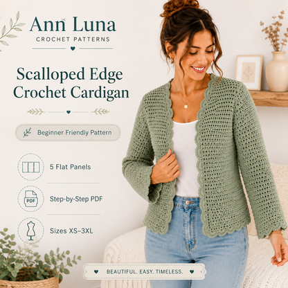Scalloped Edge Crochet Cardigan Pattern PDF | Step-by-Step Beginner Sweater Tutorial | XS–3XL