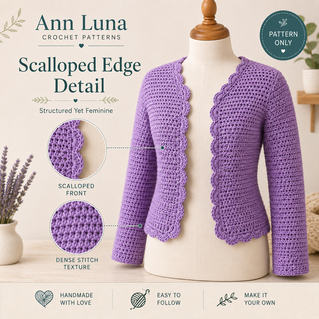 Scalloped Edge Crochet Cardigan Pattern PDF | Step-by-Step Beginner Sweater Tutorial | XS–3XL