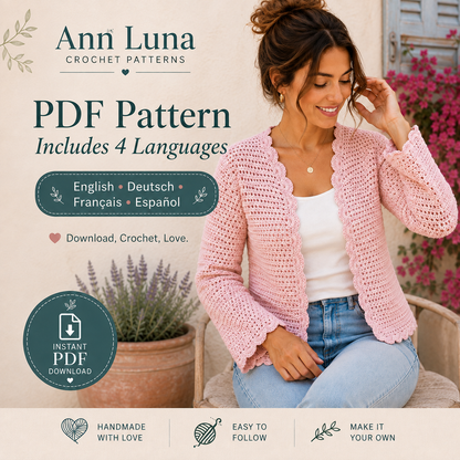 Scalloped Edge Crochet Cardigan Pattern PDF | Step-by-Step Beginner Sweater Tutorial | XS–3XL