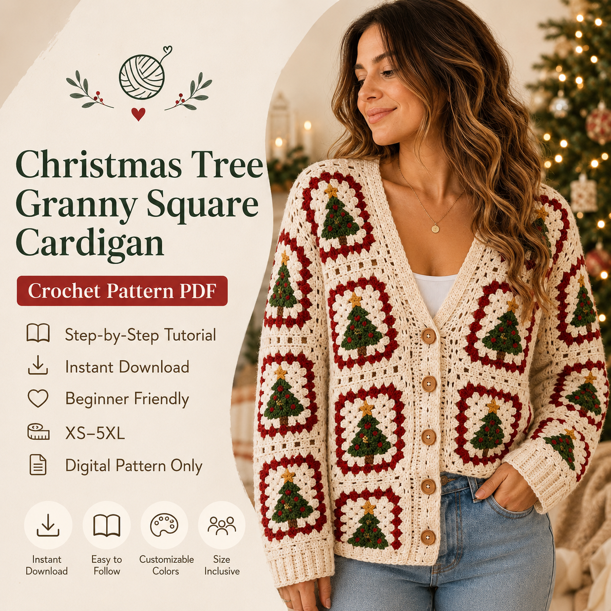 Christmas Tree Granny Square Cardigan Crochet Pattern PDF | Step-by-Step Beginner Sweater Tutorial | XS–5XL