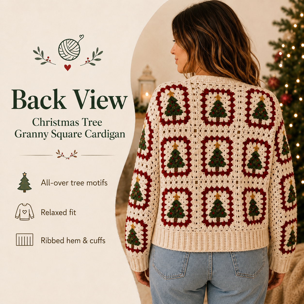 Christmas Tree Granny Square Cardigan Crochet Pattern PDF | Step-by-Step Beginner Sweater Tutorial | XS–5XL