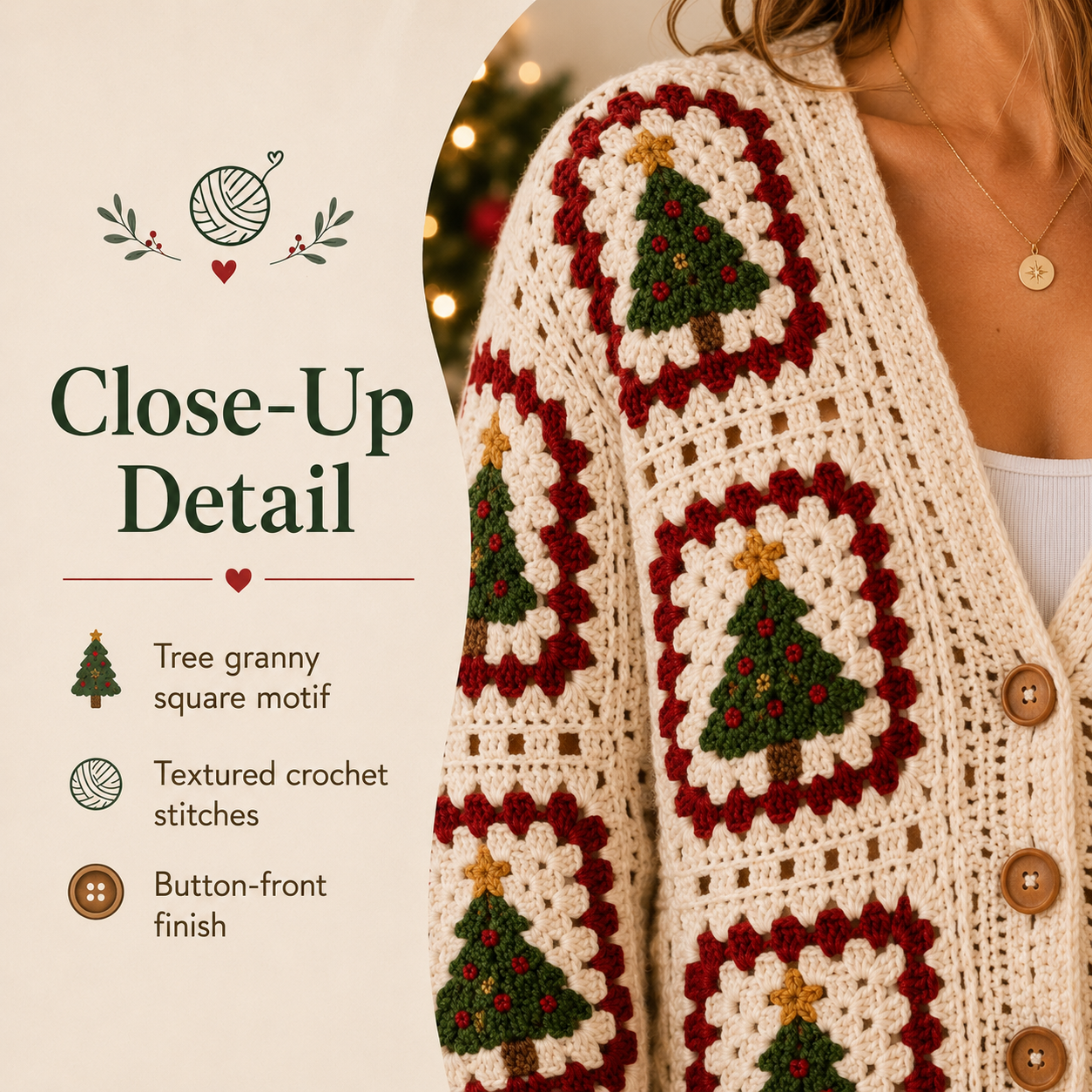 Christmas Tree Granny Square Cardigan Crochet Pattern PDF | Step-by-Step Beginner Sweater Tutorial | XS–5XL