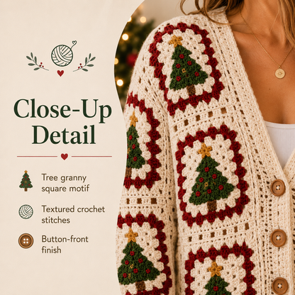 Christmas Tree Granny Square Cardigan Crochet Pattern PDF | Step-by-Step Beginner Sweater Tutorial | XS–5XL