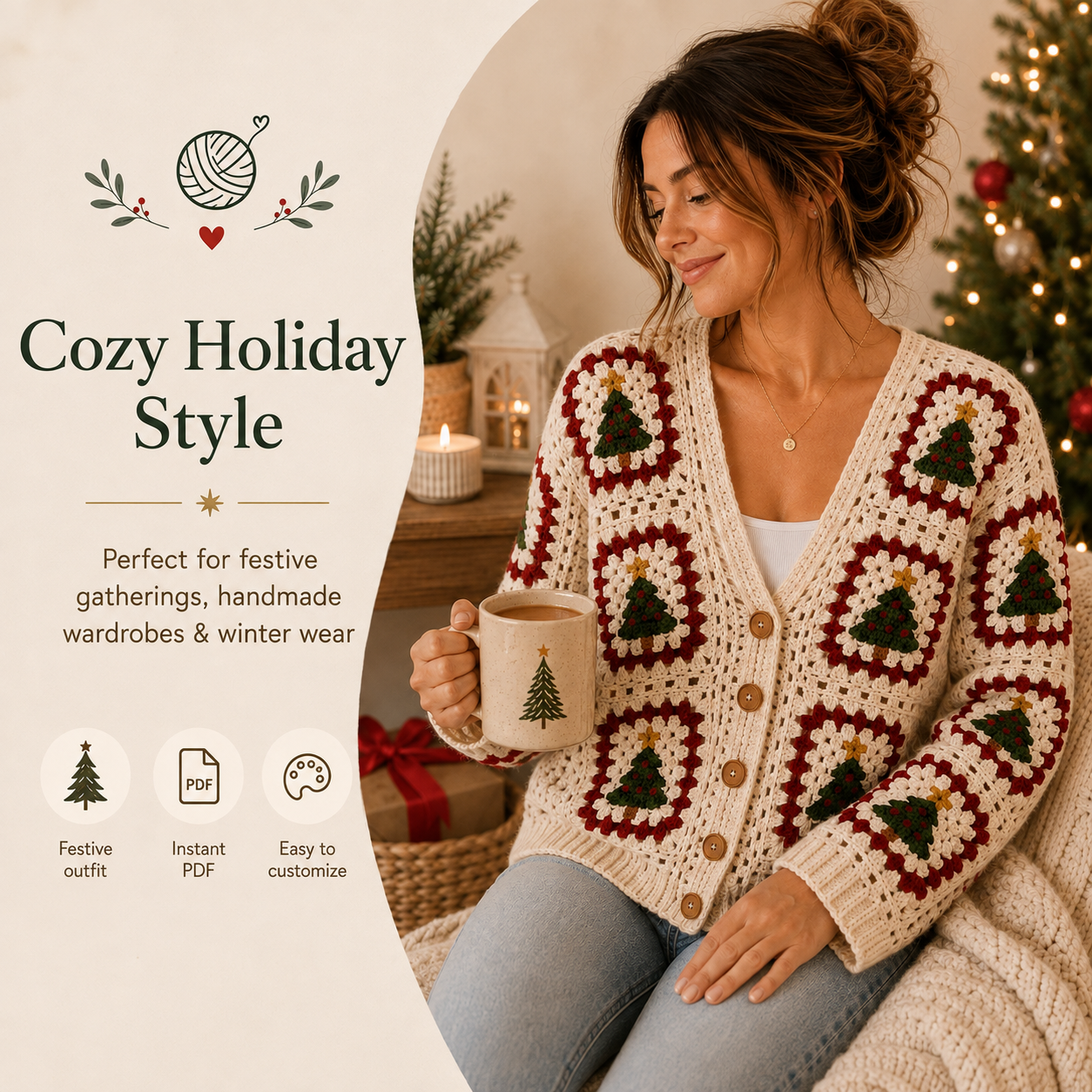 Christmas Tree Granny Square Cardigan Crochet Pattern PDF | Step-by-Step Beginner Sweater Tutorial | XS–5XL