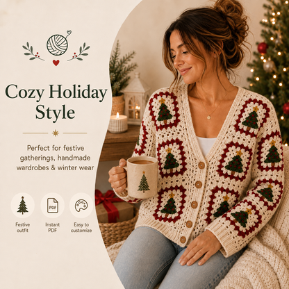 Christmas Tree Granny Square Cardigan Crochet Pattern PDF | Step-by-Step Beginner Sweater Tutorial | XS–5XL