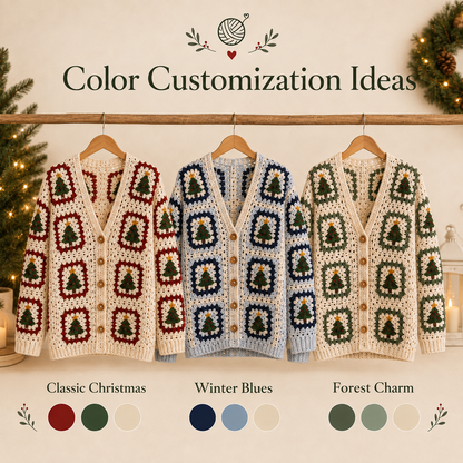 Christmas Tree Granny Square Cardigan Crochet Pattern PDF | Step-by-Step Beginner Sweater Tutorial | XS–5XL