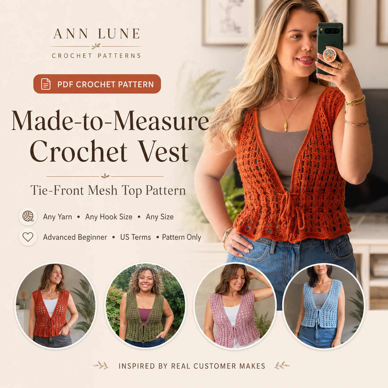 Made-to-Measure Crochet Vest Pattern PDF, Tie Front Mesh Top, Custom Size Crochet Pattern