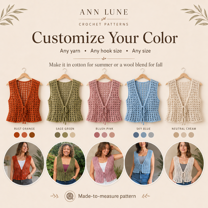 Made-to-Measure Crochet Vest Pattern PDF, Tie Front Mesh Top, Custom Size Crochet Pattern
