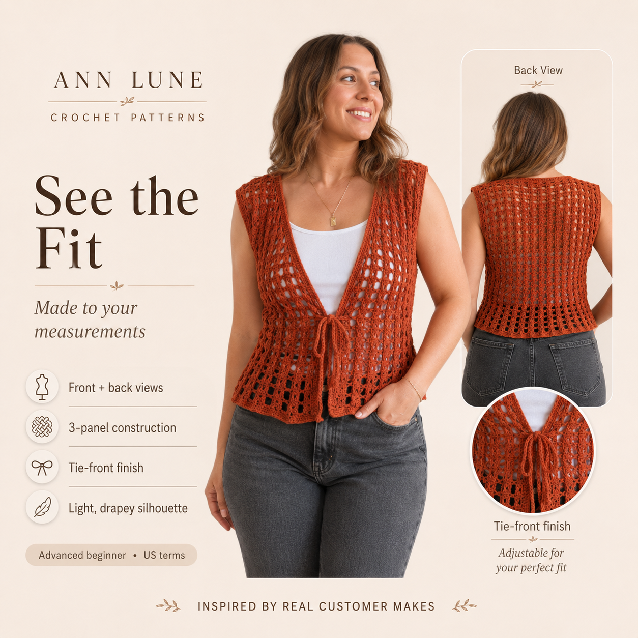 Made-to-Measure Crochet Vest Pattern PDF, Tie Front Mesh Top, Custom Size Crochet Pattern