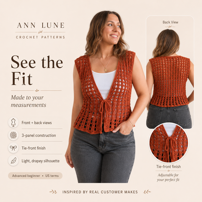 Made-to-Measure Crochet Vest Pattern PDF, Tie Front Mesh Top, Custom Size Crochet Pattern