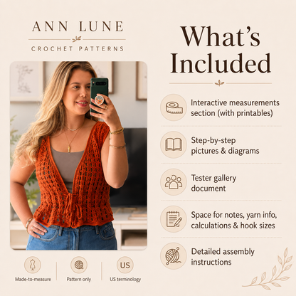 Made-to-Measure Crochet Vest Pattern PDF, Tie Front Mesh Top, Custom Size Crochet Pattern
