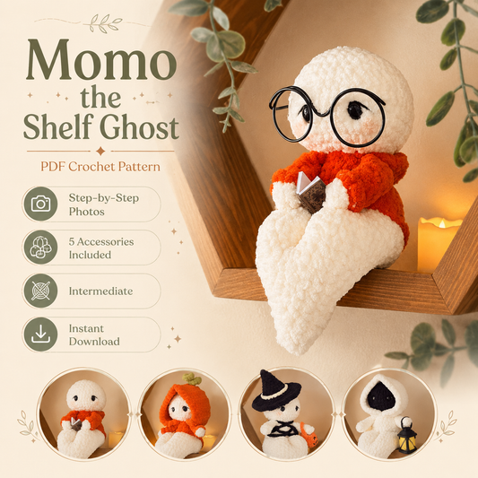 Momo Shelf Ghost Crochet Pattern PDF – Cute Halloween Ghost Amigurumi, Step-by-Step Plush Pattern & Accessories