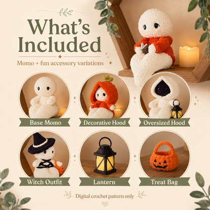 Momo Shelf Ghost Crochet Pattern PDF – Cute Halloween Ghost Amigurumi, Step-by-Step Plush Pattern & Accessories
