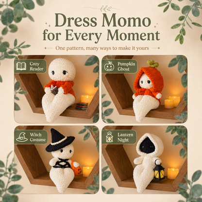 Momo Shelf Ghost Crochet Pattern PDF – Cute Halloween Ghost Amigurumi, Step-by-Step Plush Pattern & Accessories