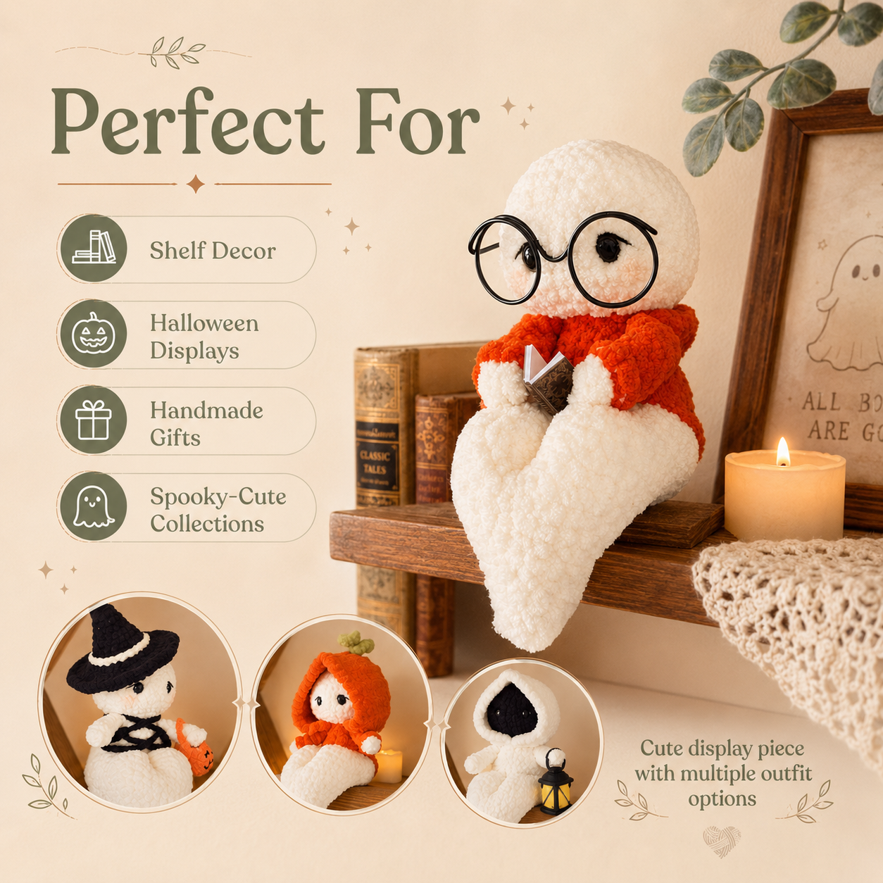 Momo Shelf Ghost Crochet Pattern PDF – Cute Halloween Ghost Amigurumi, Step-by-Step Plush Pattern & Accessories