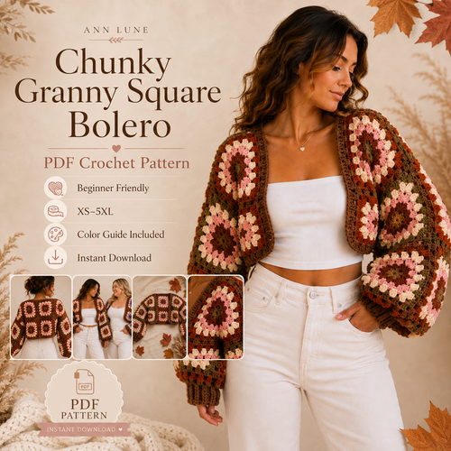 Chunky Granny Square Bolero Crochet Pattern PDF – Fall Shrug, Beginner Cardigan, XS–5XL