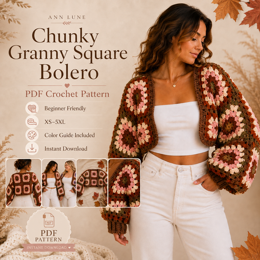 Chunky Granny Square Bolero Crochet Pattern PDF – Fall Shrug, Beginner Cardigan, XS–5XL