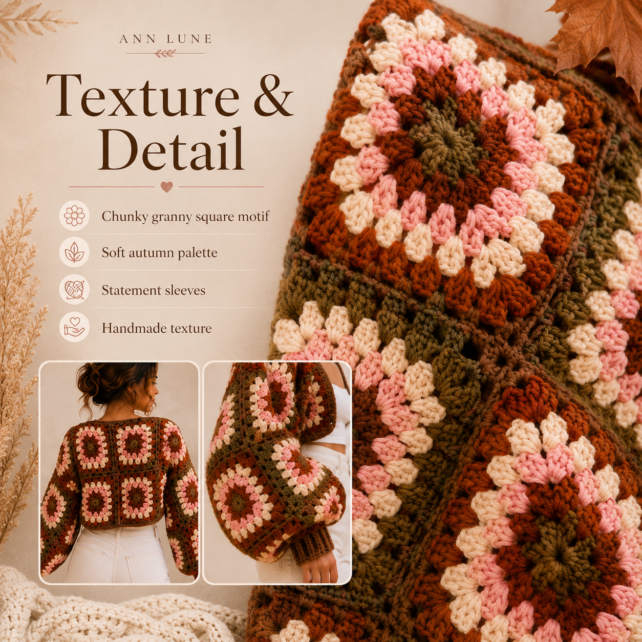 Chunky Granny Square Bolero Crochet Pattern PDF – Fall Shrug, Beginner Cardigan, XS–5XL