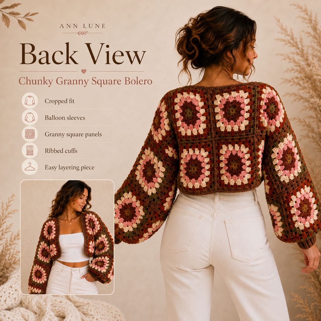 Chunky Granny Square Bolero Crochet Pattern PDF – Fall Shrug, Beginner Cardigan, XS–5XL