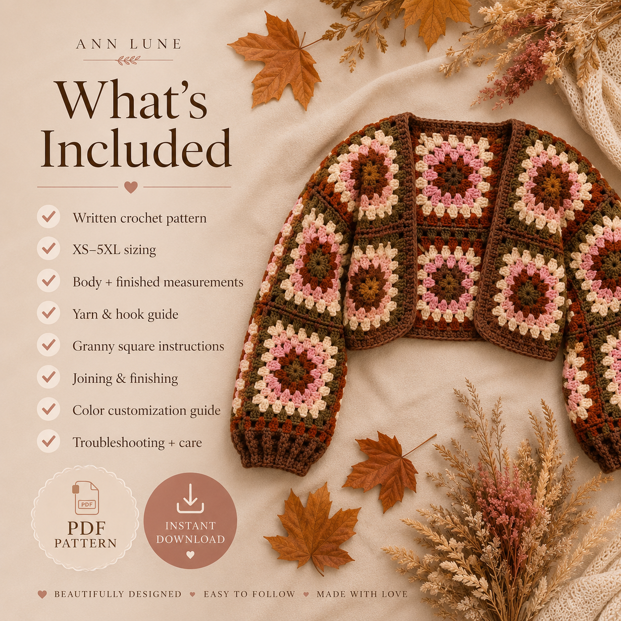 Chunky Granny Square Bolero Crochet Pattern PDF – Fall Shrug, Beginner Cardigan, XS–5XL
