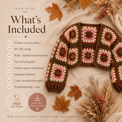 Chunky Granny Square Bolero Crochet Pattern PDF – Fall Shrug, Beginner Cardigan, XS–5XL