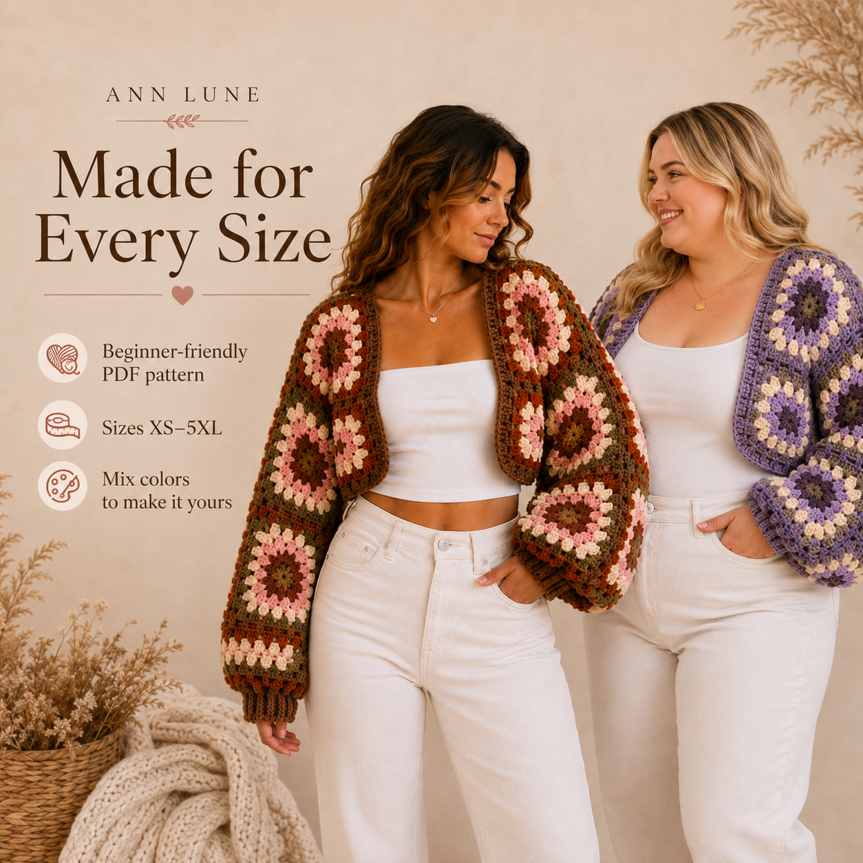 Chunky Granny Square Bolero Crochet Pattern PDF – Fall Shrug, Beginner Cardigan, XS–5XL